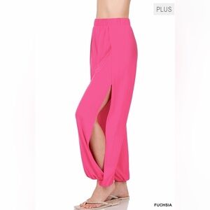 ZENANA PINK PLUS SPLIT SIDE PANTS